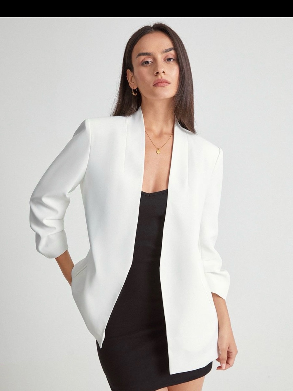 Commense White Open-Front Collarless Blazer Jacket